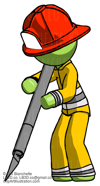 Green Firefighter Fireman Man Cutting With Large Scalpel #12952