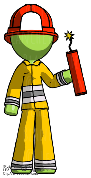 Green Firefighter Fireman Man Holding Dynamite With Fuse Lit #12953