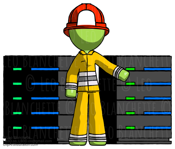 Green Firefighter Fireman Man With Server Racks, In Front Of Two Networked Systems #12955