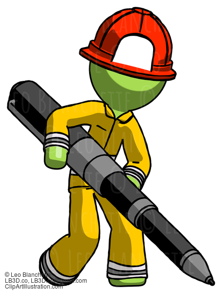 Green Firefighter Fireman Man Writing With A Really Big Pen #12956