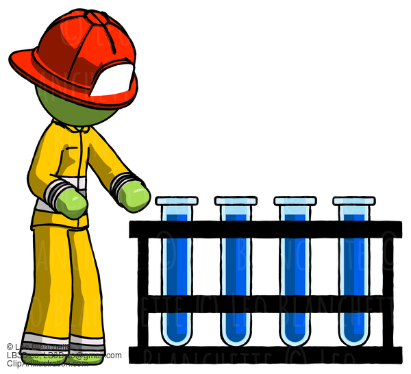 Green Firefighter Fireman Man Using Test Tubes Or Vials On Rack #12958
