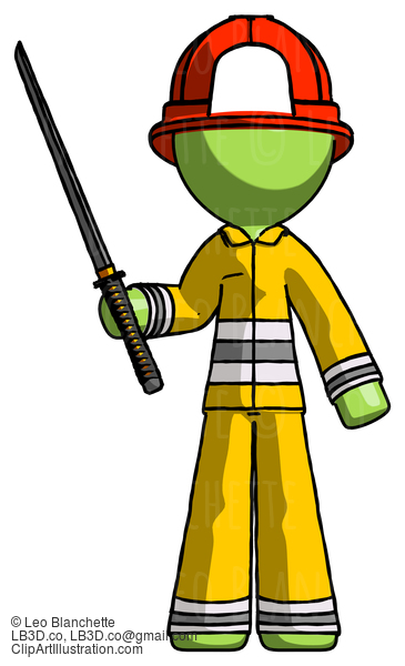 Green Firefighter Fireman Man Standing Up With Ninja Sword Katana #12959