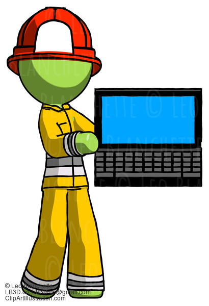 Green Firefighter Fireman Man Holding Laptop Computer Presenting Something On Screen #12961