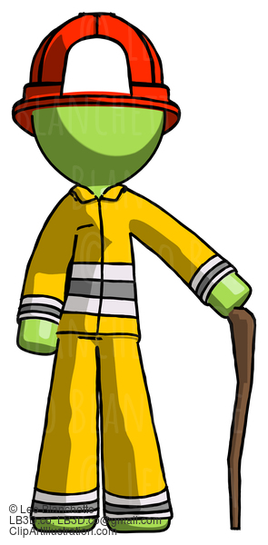 Green Firefighter Fireman Man Standing With Hiking Stick #12962