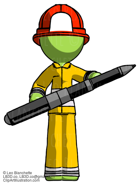 Green Firefighter Fireman Man Posing Confidently With Giant Pen #12963