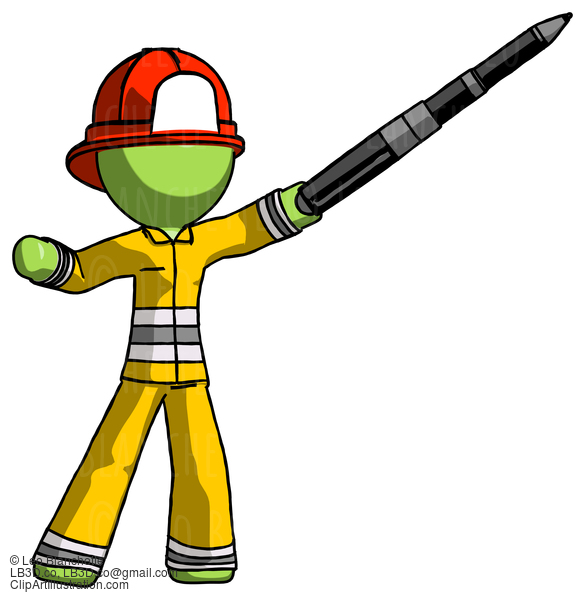 Green Firefighter Fireman Man Demonstrating That Indeed The Pen Is Mightier #12965