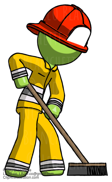 Green Firefighter Fireman Man Cleaning Services Janitor Sweeping Side View #12968