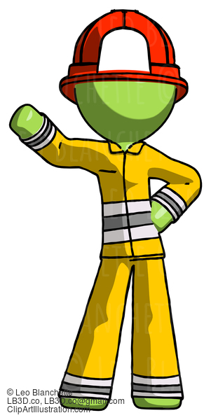 Green Firefighter Fireman Man Waving Right Arm With Hand On Hip #12969