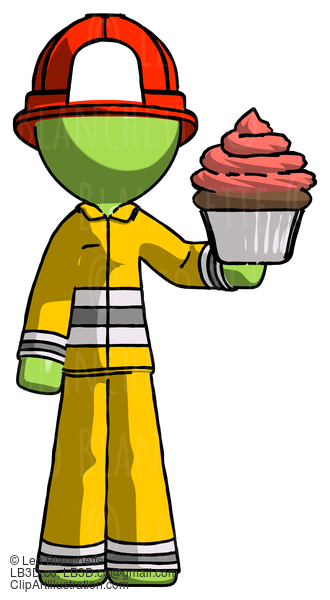 Green Firefighter Fireman Man Presenting Pink Cupcake To Viewer #12971