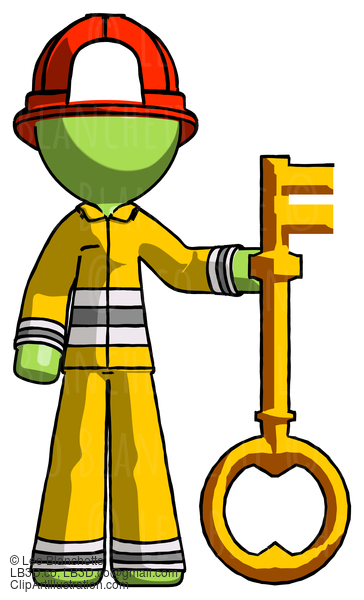 Green Firefighter Fireman Man Holding Key Made Of Gold #12972