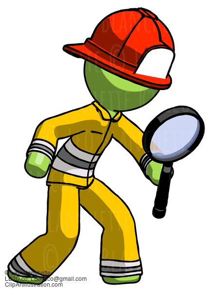 Green Firefighter Fireman Man Inspecting With Large Magnifying Glass Right #12973