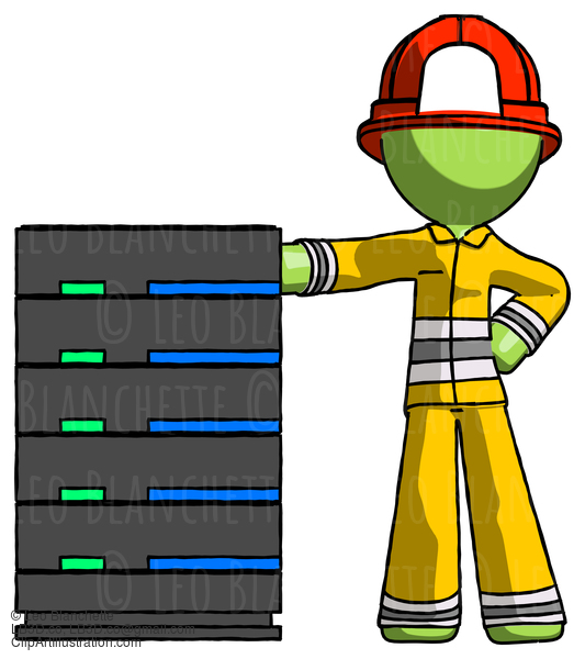 Green Firefighter Fireman Man With Server Rack Leaning Confidently Against It #12976