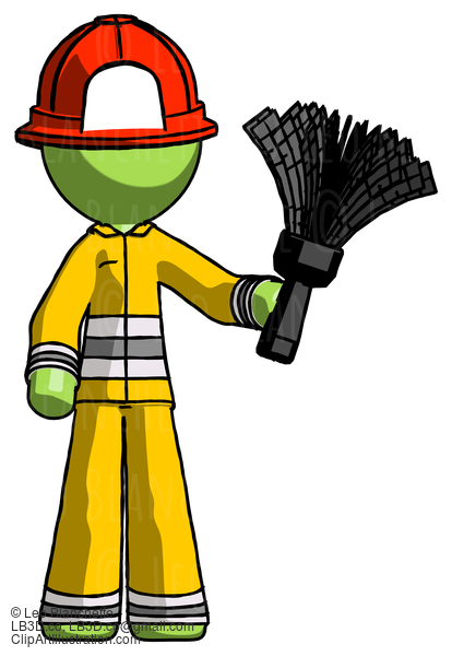 Green Firefighter Fireman Man Holding Feather Duster Facing Forward #12977