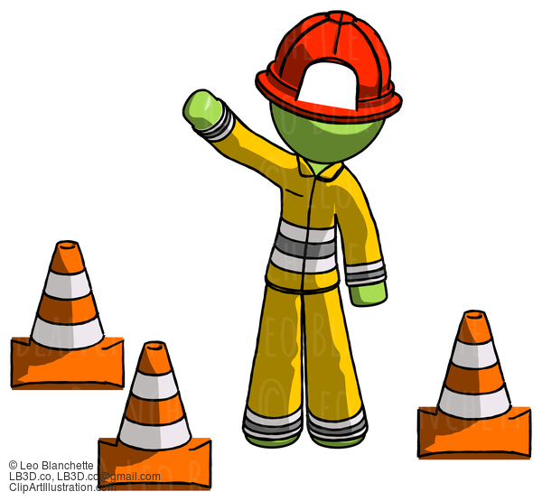 Green Firefighter Fireman Man Standing By Traffic Cones Waving #12979