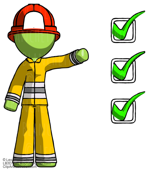 Green Firefighter Fireman Man Standing By List Of Checkmarks #12980