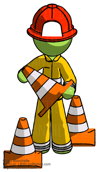 Green Firefighter Fireman Man Holding A Traffic Cone #12983