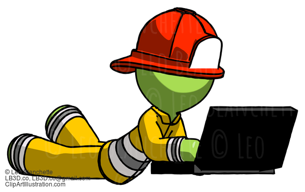 Green Firefighter Fireman Man Using Laptop Computer While Lying On Floor Side Angled View #12988