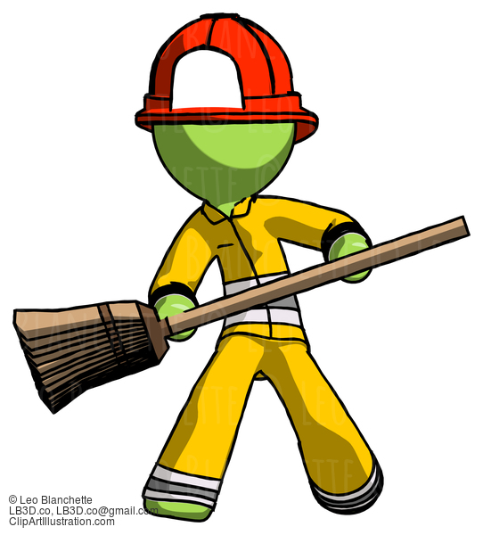 Green Firefighter Fireman Man Broom Fighter Defense Pose #12991