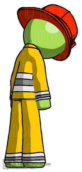 Green Firefighter Fireman Man Depressed With Head Down, Back To Viewer, Right #12992