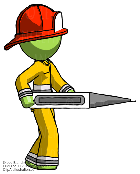 Green Firefighter Fireman Man Walking With Large Thermometer #12993