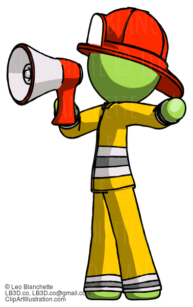 Green Firefighter Fireman Man Shouting Into Megaphone Bullhorn Facing Left #12996