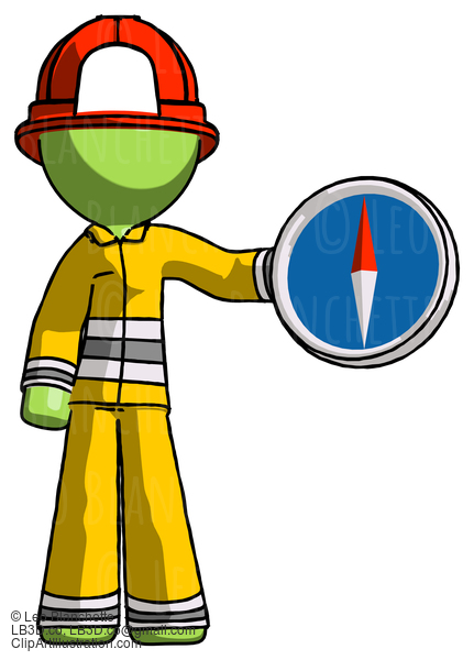 Green Firefighter Fireman Man Holding A Large Compass #12997