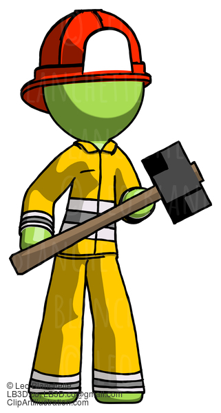 Green Firefighter Fireman Man With Sledgehammer Standing Ready To Work Or Defend #12999