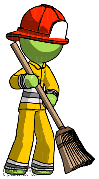 Green Firefighter Fireman Man Sweeping Area With Broom #13000