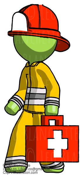 Green Firefighter Fireman Man Walking With Medical Aid Briefcase To Left #13007