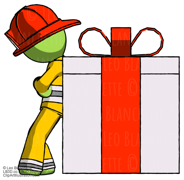 Green Firefighter Fireman Man Gift Concept - Leaning Against Large Present #13011