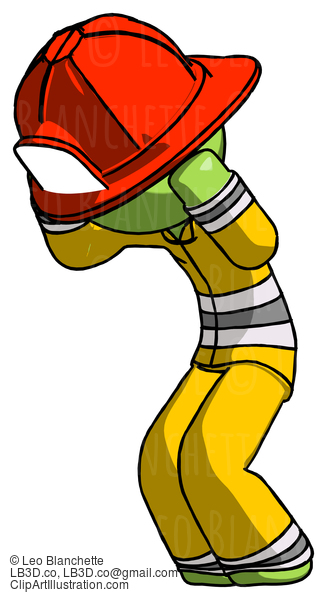 Green Firefighter Fireman Man With Headache Or Covering Ears Turned To His Left #13014