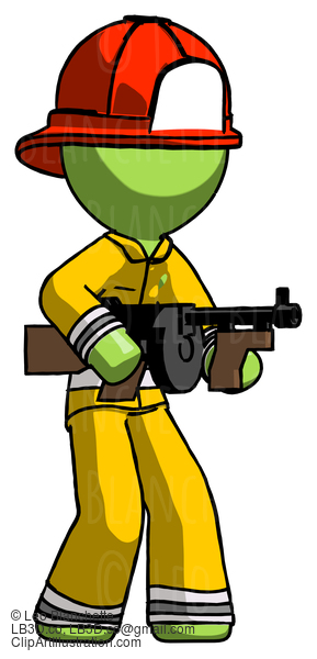 Green Firefighter Fireman Man Tommy Gun Gangster Shooting Pose #13015