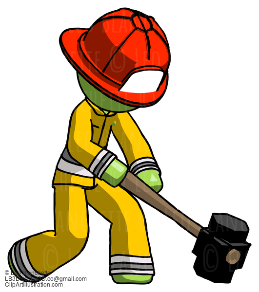 Green Firefighter Fireman Man Hitting With Sledgehammer, Or Smashing Something At Angle #13016