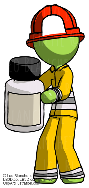 Green Firefighter Fireman Man Holding White Medicine Bottle #13017