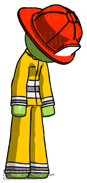 Green Firefighter Fireman Man Depressed With Head Down Turned Right #13021