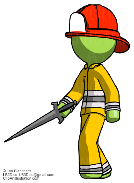 Green Firefighter Fireman Man With Sword Walking Confidently #13026
