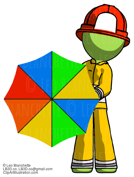 Green Firefighter Fireman Man Holding Rainbow Umbrella Out To Viewer #13027