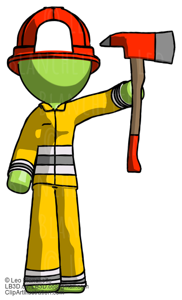 Green Firefighter Fireman Man Holding Up Red Firefighter’S Ax #13028