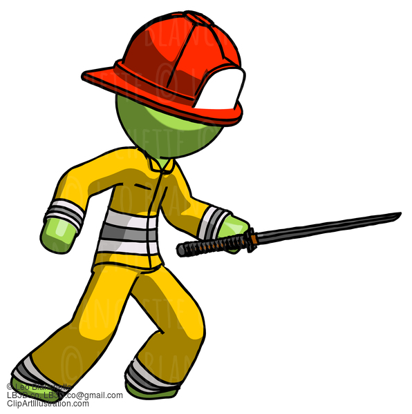 Green Firefighter Fireman Man Stabbing With Ninja Sword Katana #13029