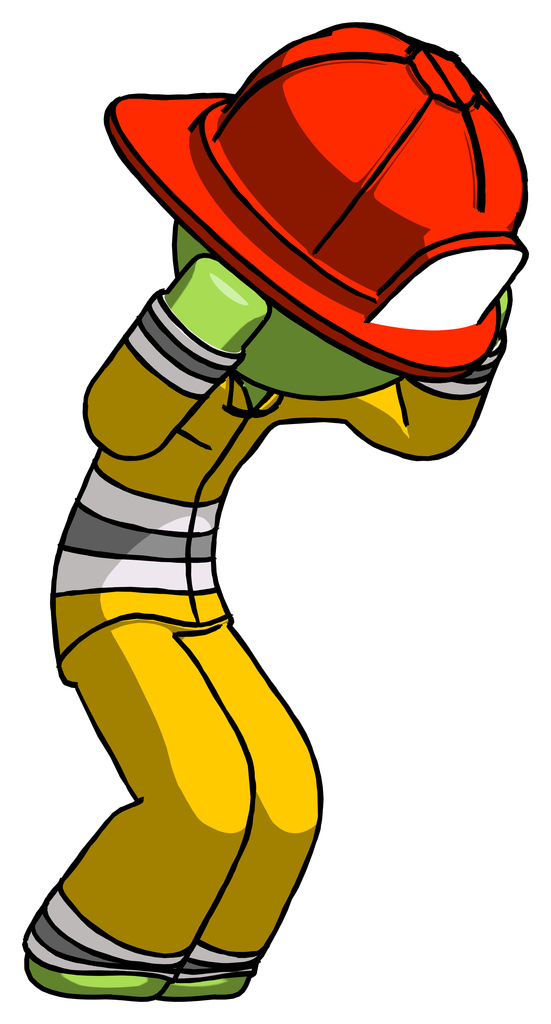 Green Firefighter Fireman Man with Headache or Covering Ears Turned to his Right
