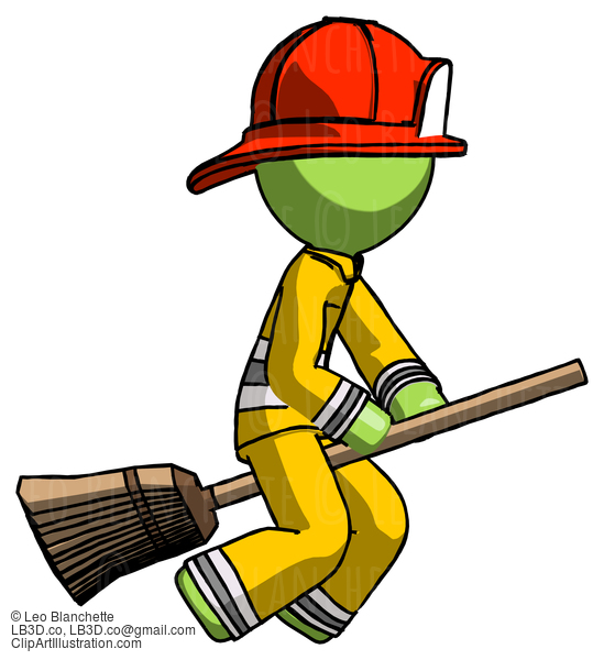 Green Firefighter Fireman Man Flying On Broom #13034