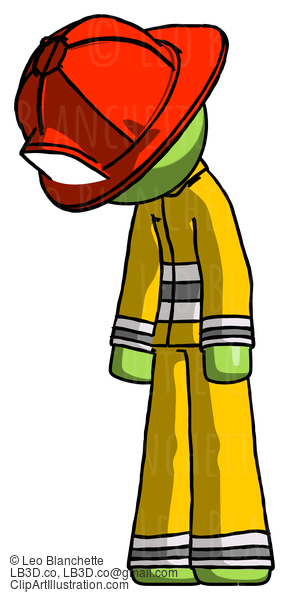 Green Firefighter Fireman Man Depressed With Head Down Turned Left #13035