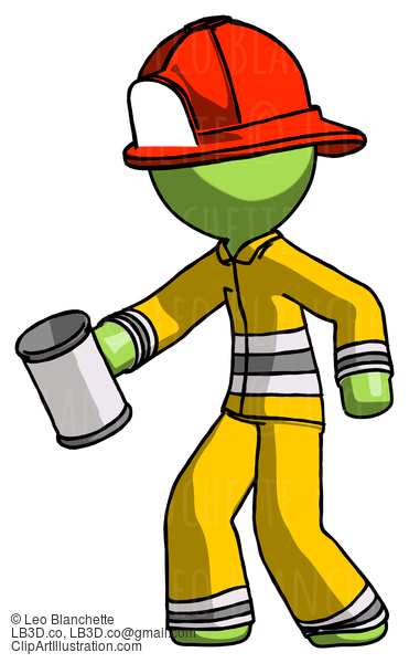 Green Firefighter Fireman Man Begger Holding Can Begging Or Asking For Charity Facing Left #13037