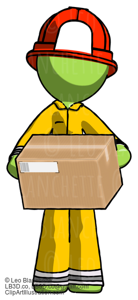 Green Firefighter Fireman Man Holding Box Sent Or Arriving In Mail #13039