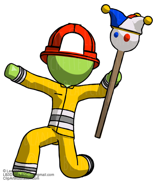 Green Firefighter Fireman Man Holding Jester Staff Posing Charismatically #13040