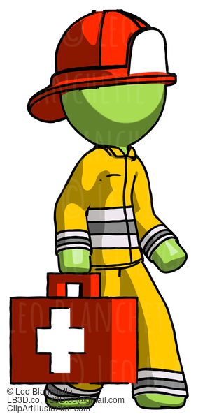 Green Firefighter Fireman Man Walking With Medical Aid Briefcase To Right #13043
