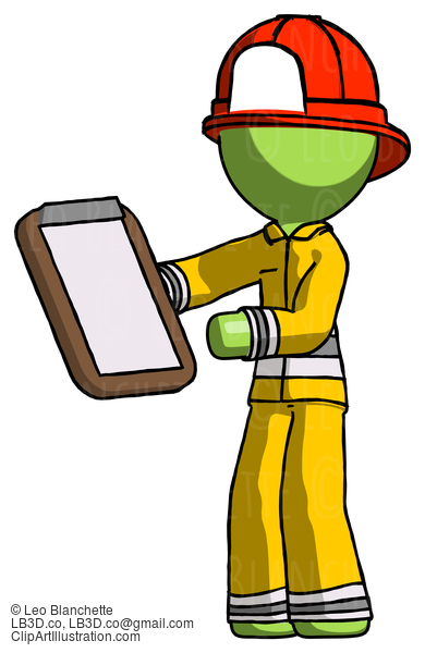 Green Firefighter Fireman Man Reviewing Stuff On Clipboard #13047