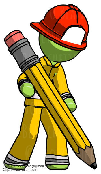 Green Firefighter Fireman Man Writing With Large Pencil #13048