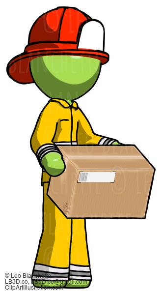 Green Firefighter Fireman Man Holding Package To Send Or Recieve In Mail #13049