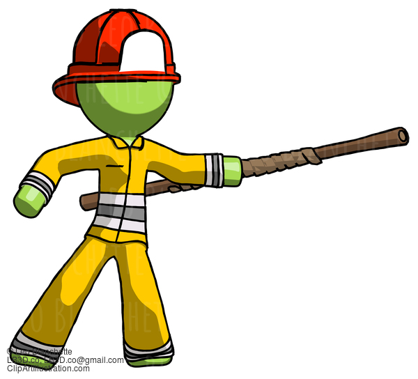 Green Firefighter Fireman Man Bo Staff Pointing Right Kung Fu Pose #13051